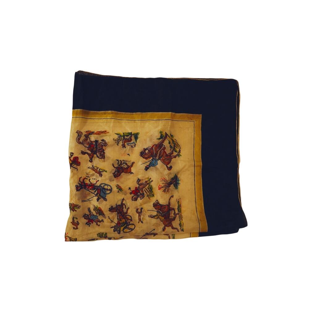 Vintage Equestrian Scarf Navy Gold Horse Fox Hunt Carriage Print 31x33 - Picture 2 of 2
